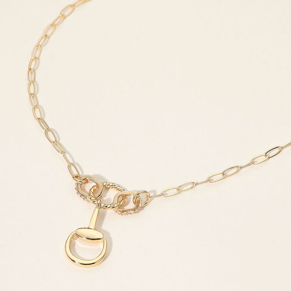 Gold Horsebit Charm Paperclip Link Chain Rhinestone Crystal Pendant Necklace